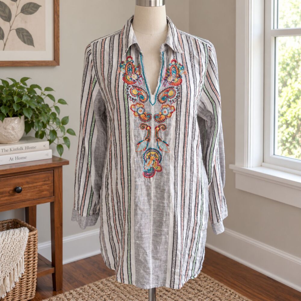 Soft Surroundings Womens Embroidered Striped Tunic Top Gray Boho Long Sleeve M